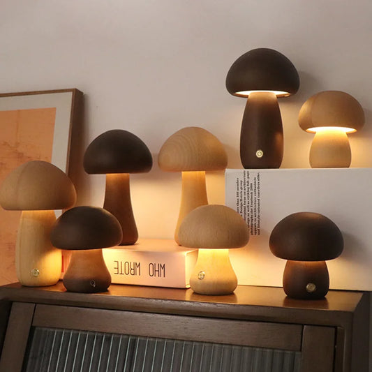 Wooden Mushroom Touch Night Light